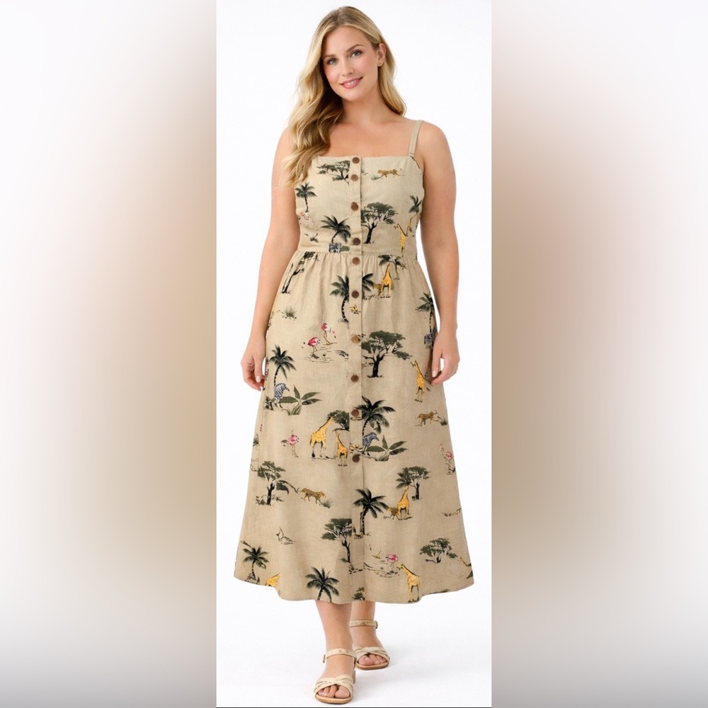Old Navy Safari Animal Print Tan Beige Linen Blend Midi Dress Tropical Resort L